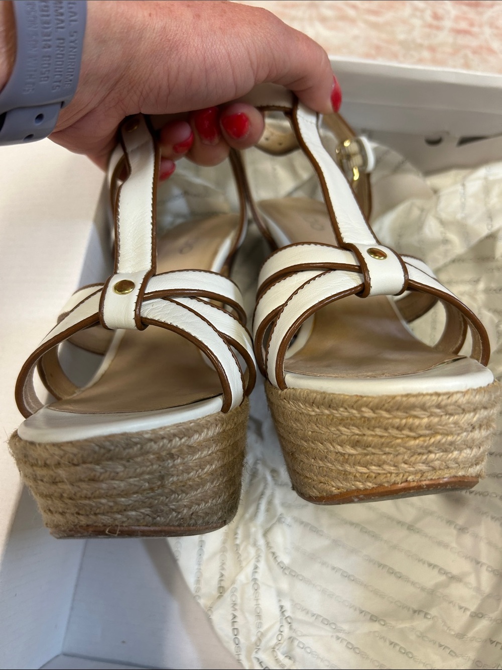 Aldo White and Tan Espadrille Platform T‑Strap Heels - Picture 6 of 8